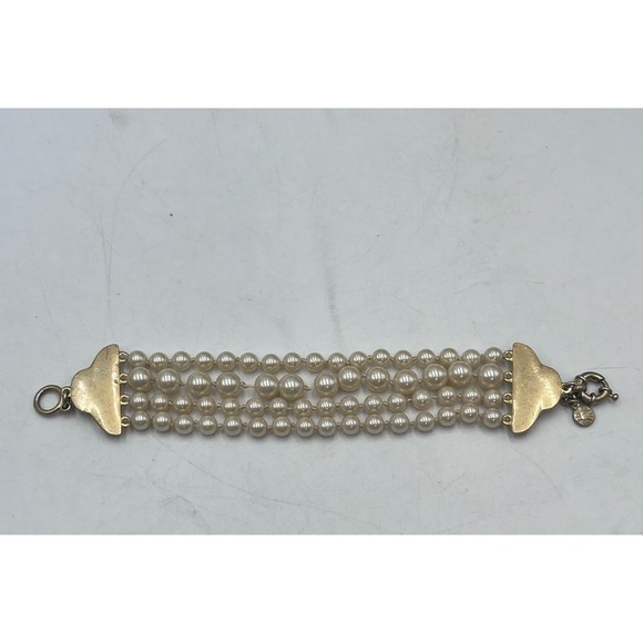J. Crew Multi-Strand White Faux Pearl Spring Ring Rhinestones Bracelet Sz Small - Picture 11 of 12